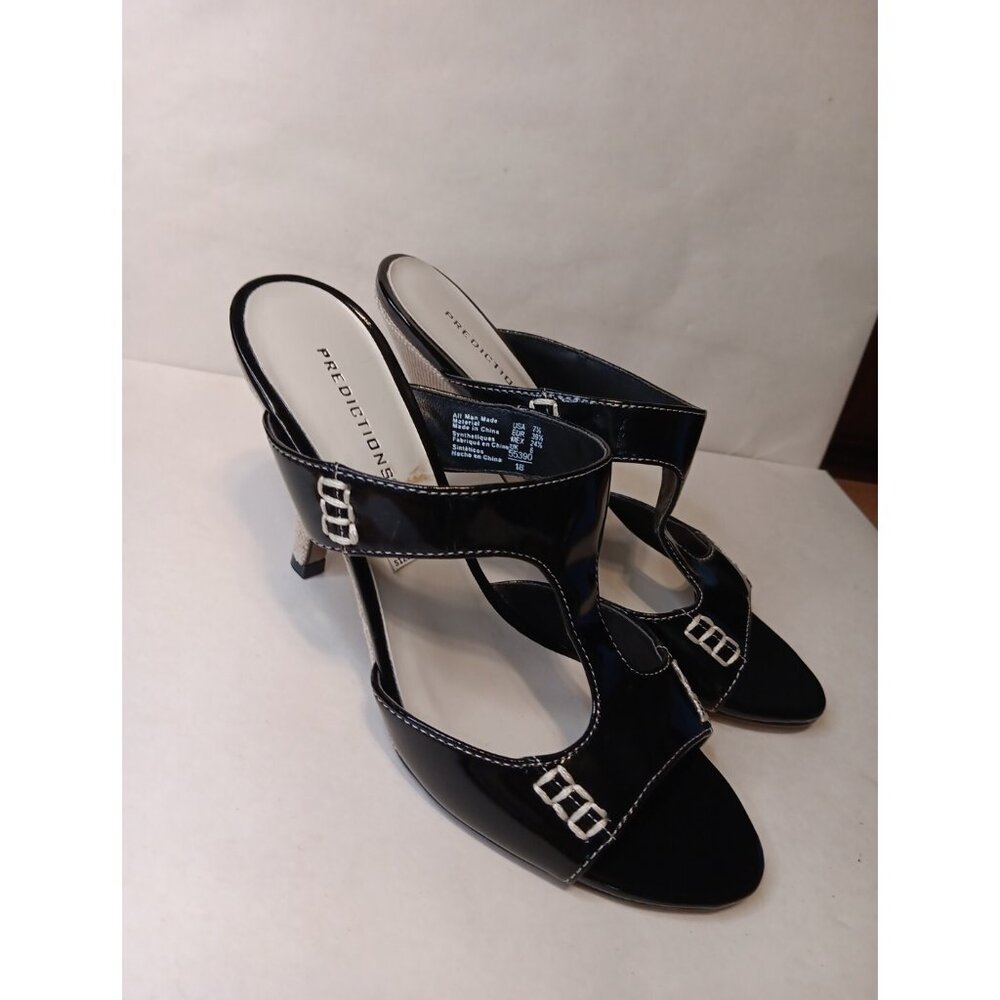 Predictions Women 7.5 Black and Tan 2000s Faux Patent Leather Sandal Slides Mule - Picture 1 of 11